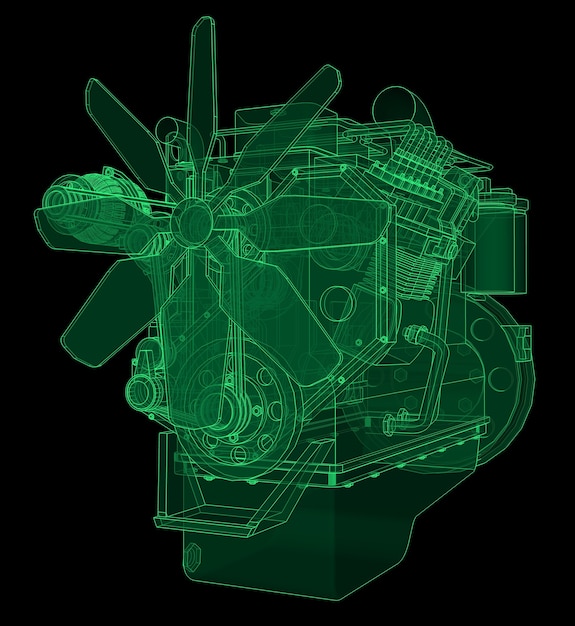 Um grande motor a diesel com o caminhão representado nas curvas de nível em papel milimetrado. os contornos da linha verde no fundo preto.