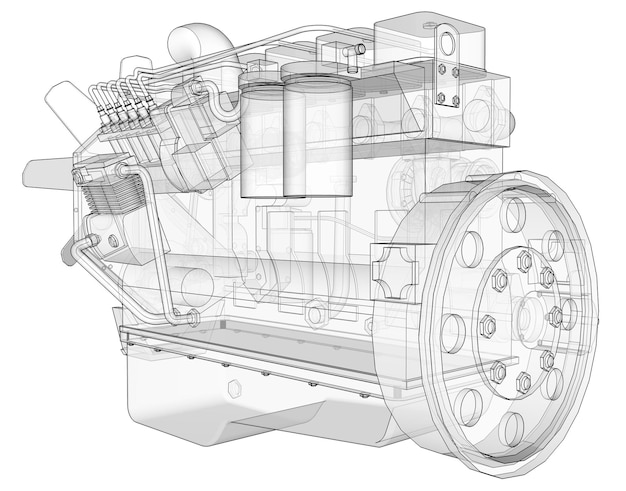 Um grande motor a diesel com o caminhão representado nas linhas de contorno em papel milimetrado