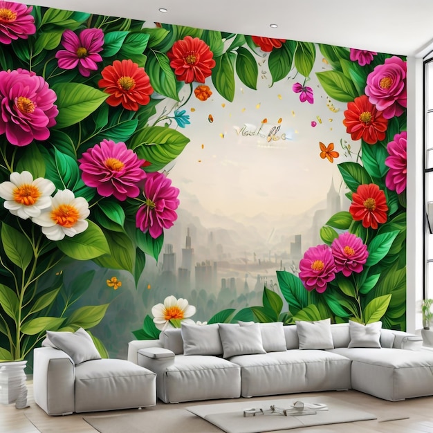 Um grande mural de parede com flores e borboletas.