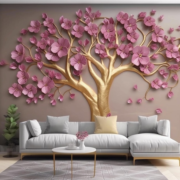 Um grande mural de parede de uma árvore com flores cor-de-rosa sobre ele