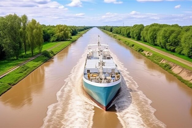 Um grande navio azul e branco está viajando por um rio