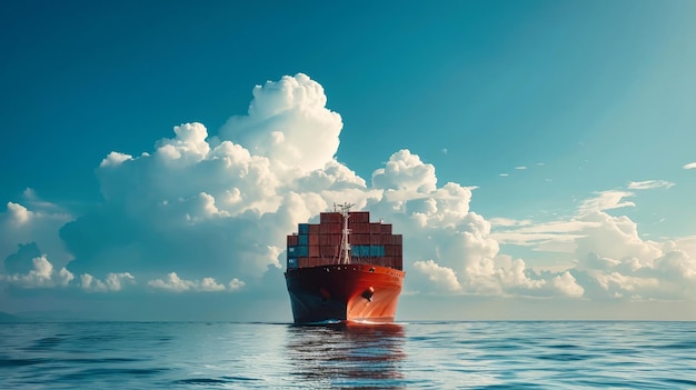 Um grande navio de carga é visto no meio do oceano carregando contêineres como parte de suas operações de transporte