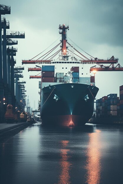 Foto um grande navio de carga está atracado num porto