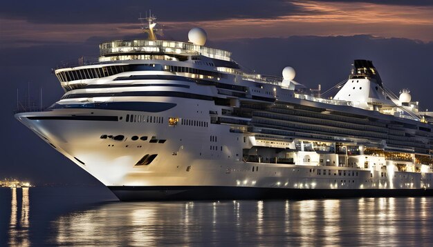 Foto um grande navio de cruzeiro está atracado na água.