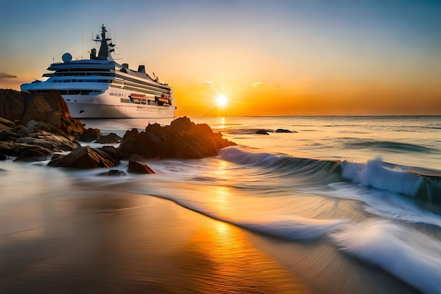 Foto um grande navio de cruzeiro está na água ao pôr do sol