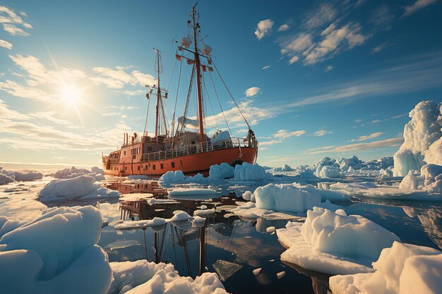 Um grande navio de pesquisa científica flutua no Oceano Ártico entre icebergs