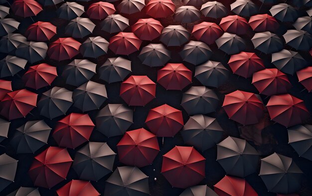 Um grande número de guarda-chuvas vermelhos e pretos estão dispostos juntos.