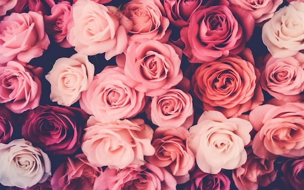 Um grande número de rosas cor de rosa com a palavra amor na parte inferior