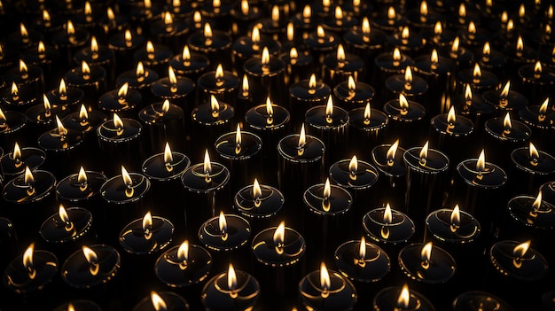 Um grande número de velas acesas dispostas em fileiras arrumadas repetindo o padrão criado por fileiras de velas