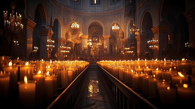 um grande número de velas são acesas em uma igreja escura no estilo da luz dourada