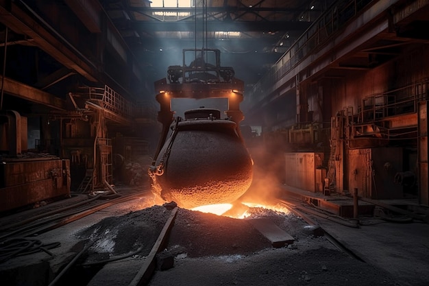 Um grande objeto de metal está sendo fundido em uma fábrica de aço.
