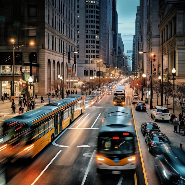 Um grande ônibus de passageiros com as luzes acesas em uma rua vazia à noite ou pela manhã ligeiramente