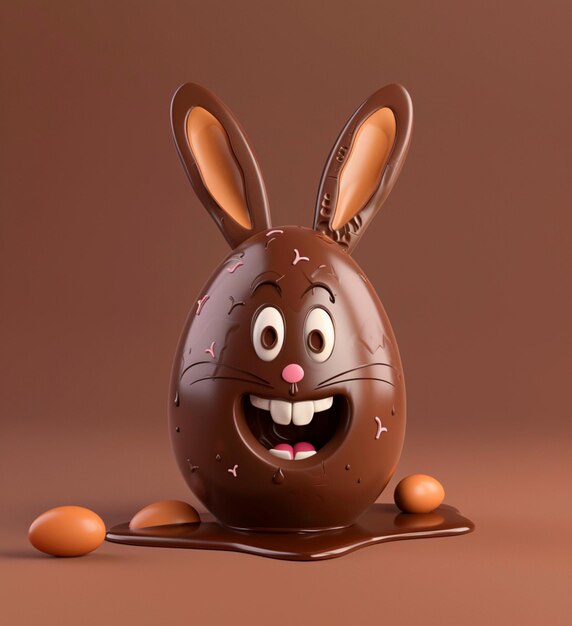 Um grande ovo de chocolate de desenho animado com orelhas de coelho bonitas