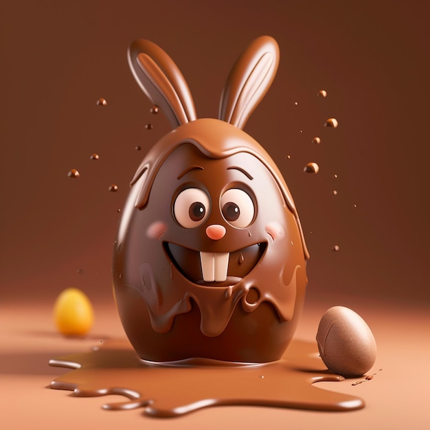 Um grande ovo de chocolate de desenho animado com orelhas de coelho bonitas