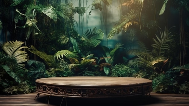 Um grande palco com uma cena de selva ao fundo