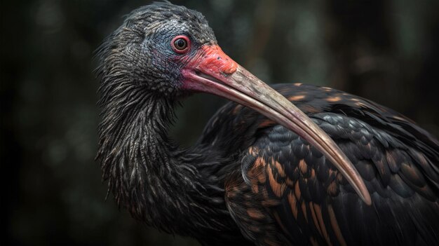 Um grande pássaro escuro com bico vermelho Ibis careca do norte Gerado por IA