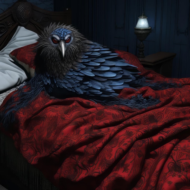 um grande pássaro sentado em cima de uma cama