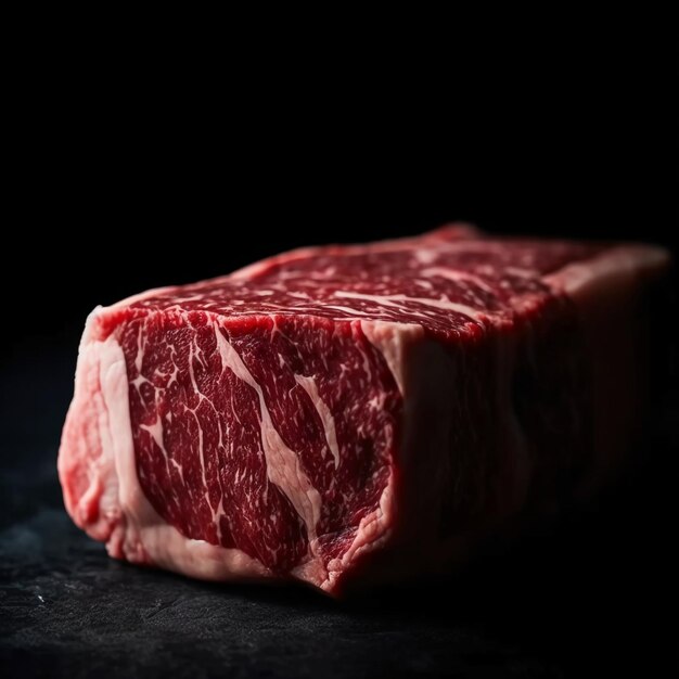 Um grande pedaço de carne está sobre um fundo preto.