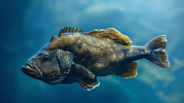 Um grande peixe-grouper nada no mar azul profundo o peixe tem um corpo castanho escuro com manchas amarelas e uma boca grande