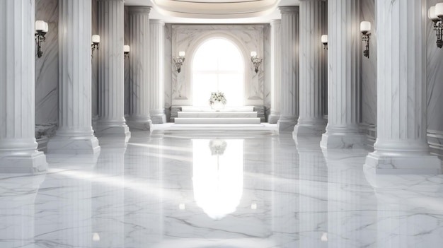 um grande piso de mármore branco com colunas e uma grande janela.