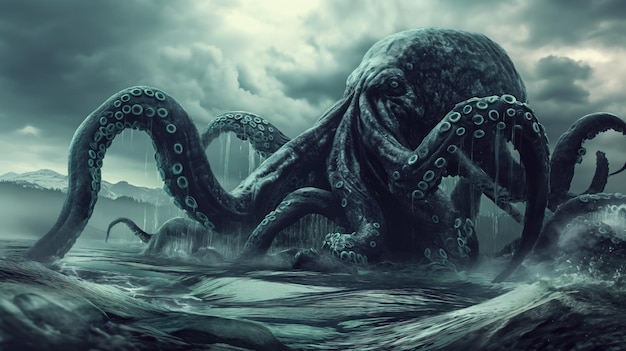 Um grande polvo Cthulhu com enormes tentáculos emerge em águas turbulentas por um penhasco em um dia nublado