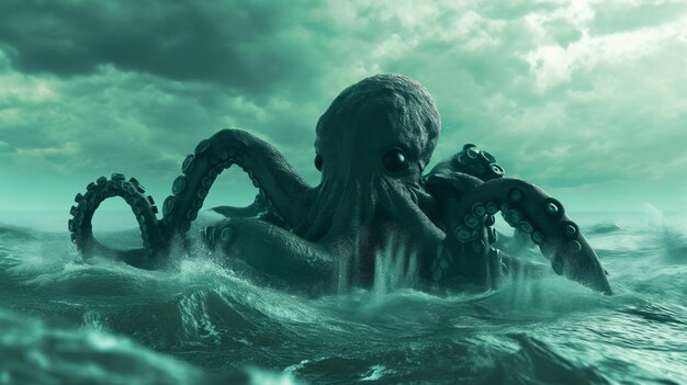 Foto um grande polvo cthulhu com enormes tentáculos emerge em águas turbulentas por um penhasco em um dia nublado