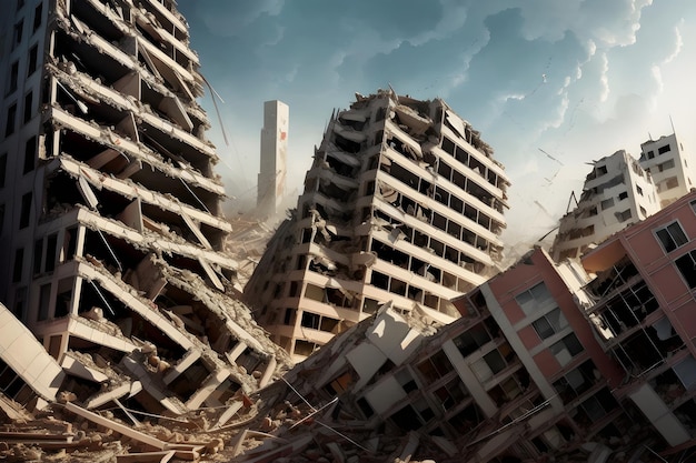 Um grande prédio está caindo e as palavras "apocalipse" no fundo.