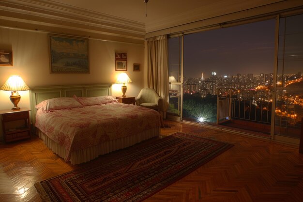 Um grande quarto com vista para a cidade o quarto é decorado com uma cama preta uma colcha branca e