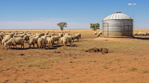 Foto um grande rebanho de ovelhas está de pé num campo.