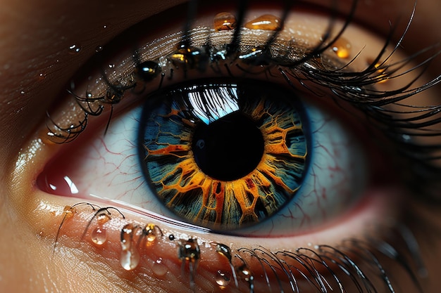 Um grande retrato de um olho humano refletindo um flash de lágrimas nos olhos