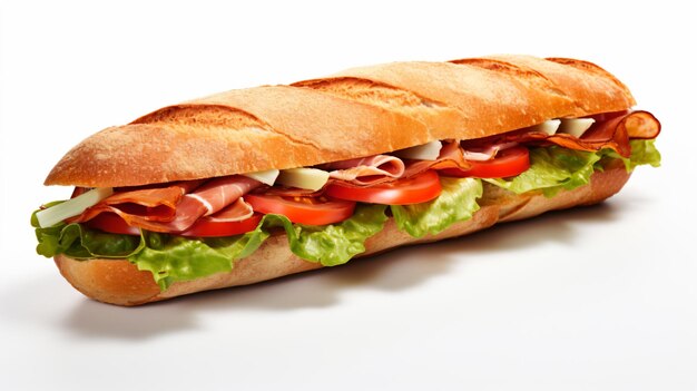Foto um grande sanduíche com carne e legumes numa superfície branca