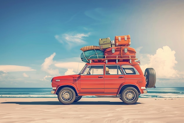 Foto um grande suv retro carregado de bagagem e equipamentos de praia no telhado da aventura de viagem de estrada