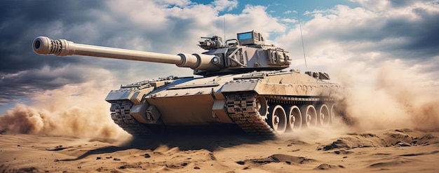 Foto um grande tanque atravessa a areia no estilo de retrato hiper-realista