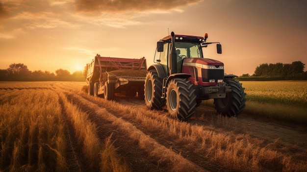 Foto um grande tractor em um campo de milho