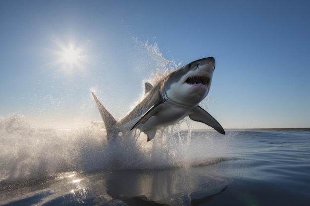 Um grande tubarão branco saltando da água cria uma imagem emocionante de perigo e adrenalina