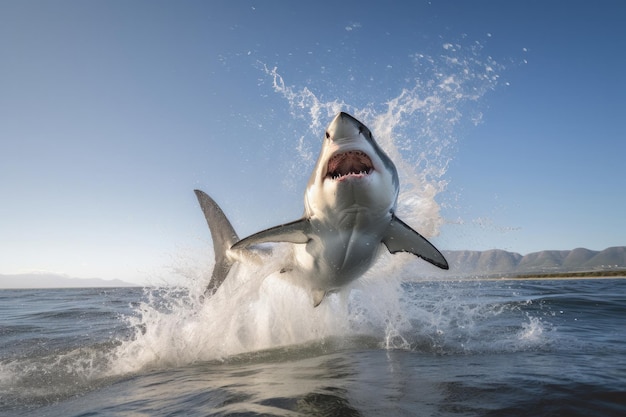 Foto um grande tubarão branco saltando da água cria uma imagem emocionante de perigo e adrenalina