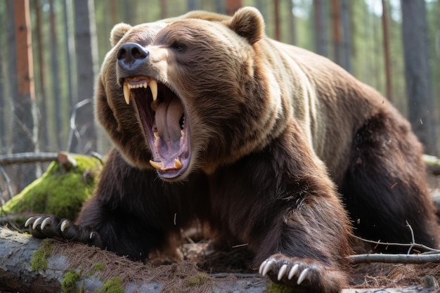 um grande urso castanho com a boca aberta na floresta