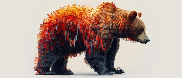 Um grande urso castanho feito de fogo vermelho e laranja