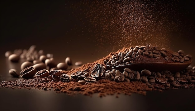 Um grão de café polvilhado com grãos de café é colocado em um saco de grãos de café.