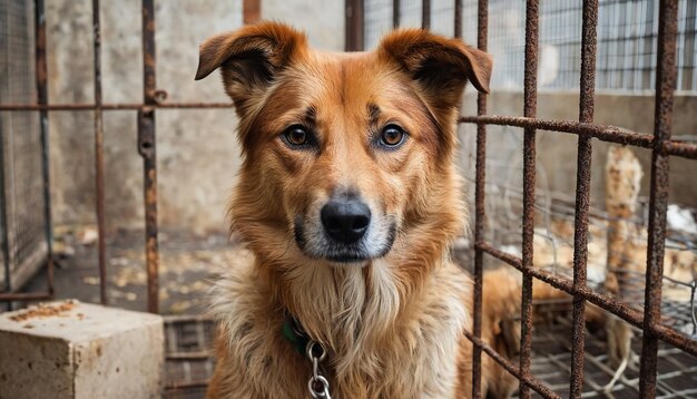 Foto um grito de socorro de um cão vagabundo em uma gaiola de abrigo