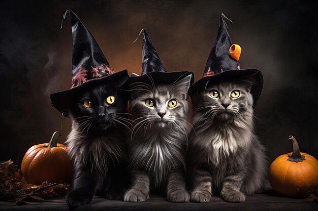 Foto um grupo adorável de gatos vestindo chapéus de bruxas, animais de estimação caprichosos de halloween.