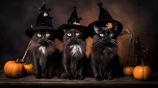 Foto um grupo adorável de gatos vestindo chapéus de bruxas, animais de estimação caprichosos de halloween.