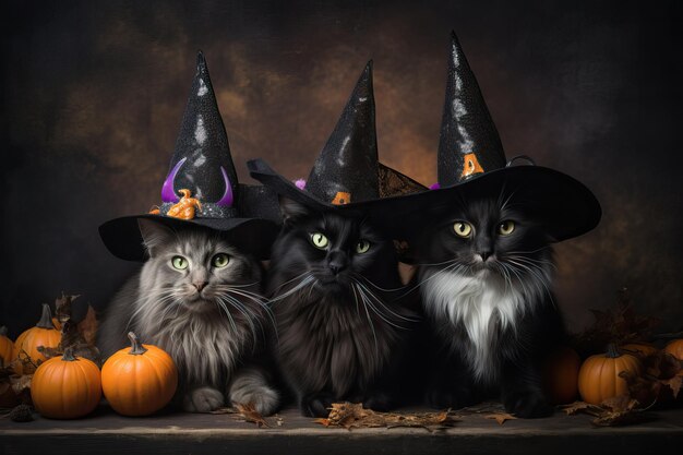 Foto um grupo adorável de gatos vestindo chapéus de bruxas, animais de estimação caprichosos de halloween.