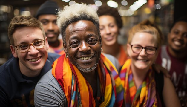 Foto um grupo alegre de amigos diversos sorrindo e celebrando ao ar livre gerado pela ia