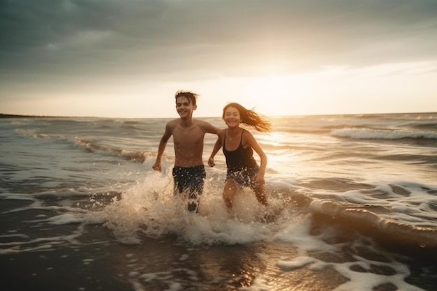 Um grupo alegre de meninas em trajes de banho à beira-mar na praia ao pôr-do-sol estão relaxando em um resort tropical
