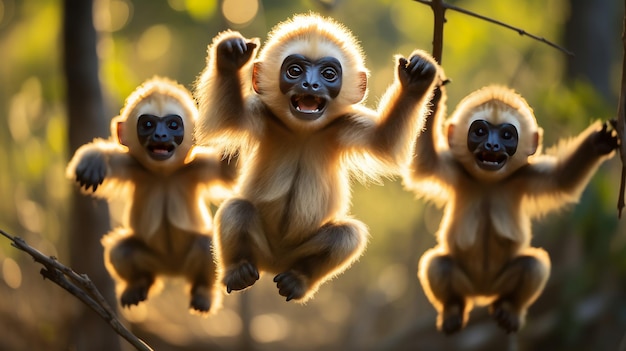 Um grupo animado de macacos pendurado em um galho de árvore balançando e brincando alegremente