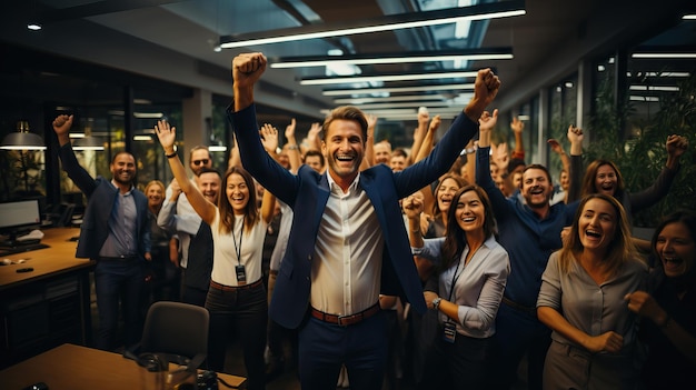 Um grupo animado de pessoas de negócios entusiasmadamente aplaudindo em uma sala irradiando alegria e excitação