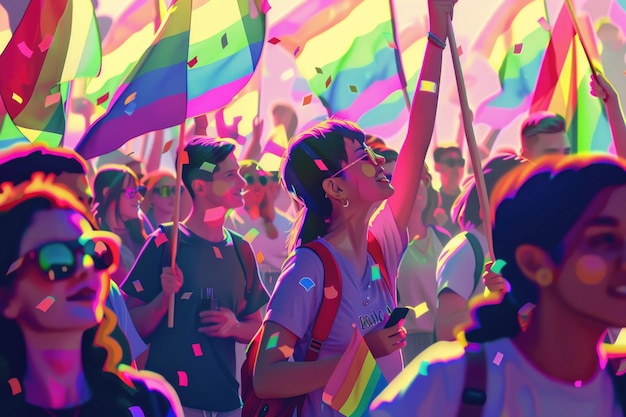 Um grupo colorido e diversificado de pessoas segurando bandeiras e jogando confetes no ar para comemorar em uma Parada do Orgulho
