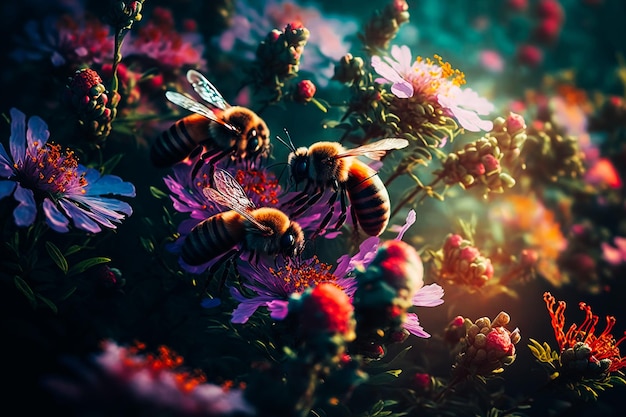 Um grupo de abelhas ocupadas coletando néctar de flores coloridas de verão