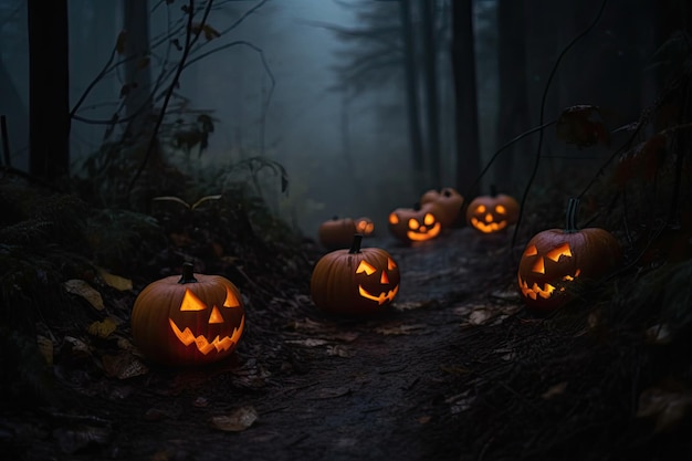 Um grupo de abóboras de halloween iluminadas generative ai